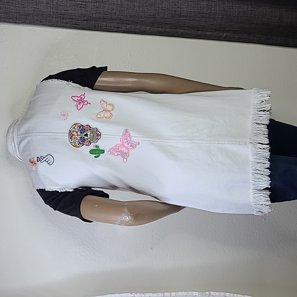 Vest Size Small/Medium White Distressed Denim Embellished Pink Butterflies  Cute